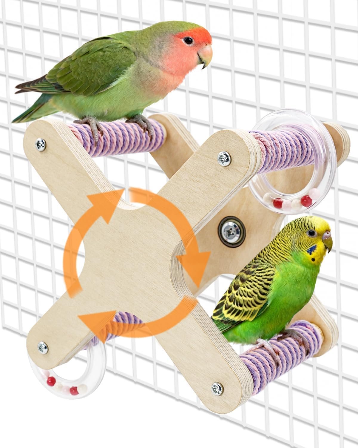 4-Perch Rotating Bird Toys for Lovebirds with 2 Rustling Sound Bells, Budgie Toys Natural, Spinning Parrot Toys That Make Noise, Interactive Bird Toys for Cage, Wooden Bird Perches for Cage Parakeet