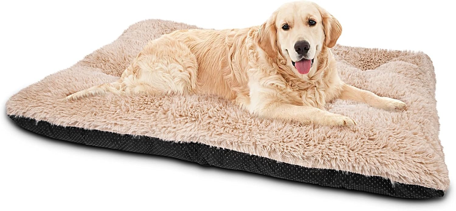 JOEJOY Large Dog Bed Crate Pad, Deluxe Plush Washable Dog Beds Fulffy Soft Kennel Pad Anti-Slip Pet Sleeping Mat for Extra Large Medium Small Dogs, 40″ x 27″, Beige