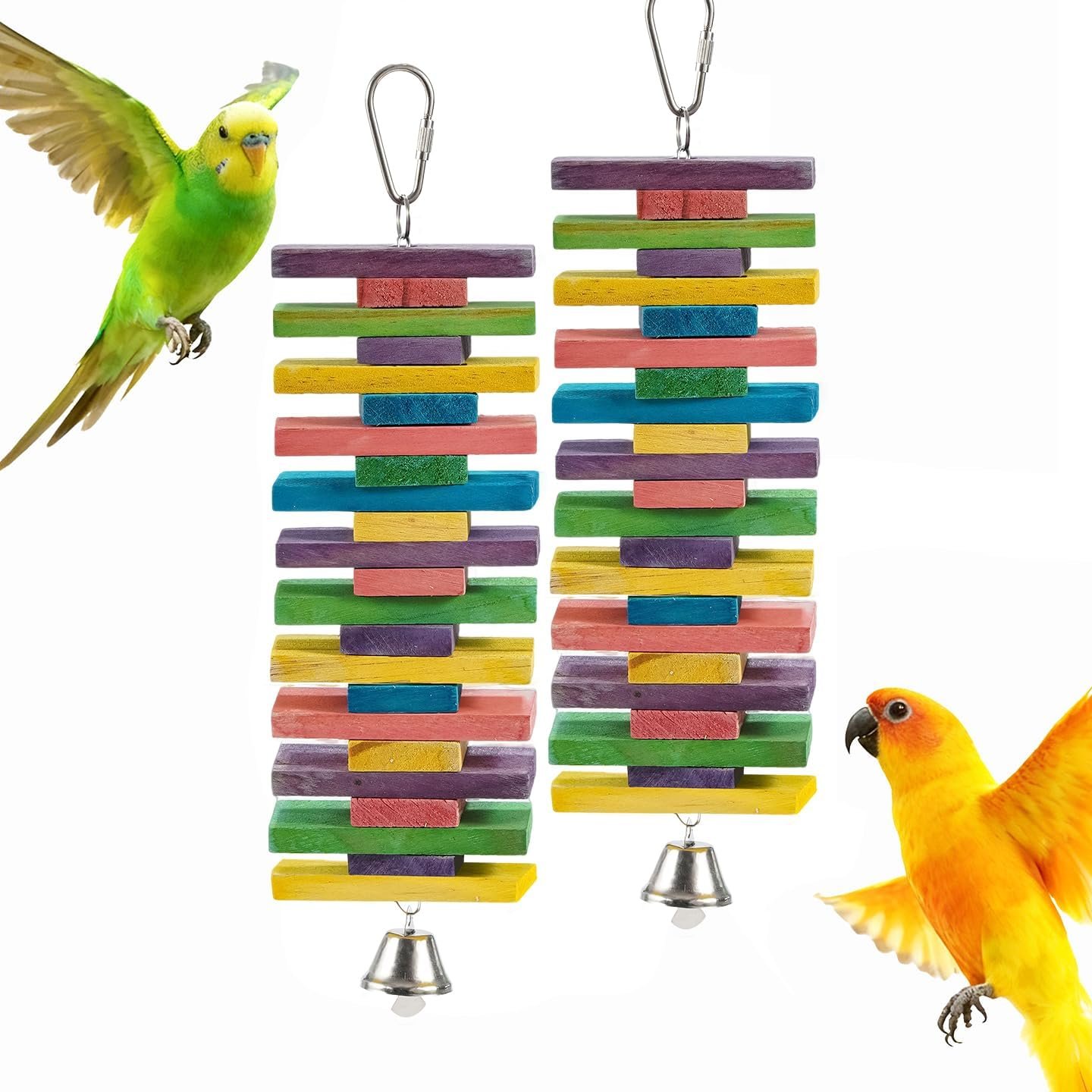 2 PCS 9.84″ Multicolored Bird Toys – Stress Relief Chew Parrot Toys, Natural Wooden Blocks, Hanging Bird Cage Accessories, for Parakeets, Cockatiels, Conures, Budgies, Lovebirds