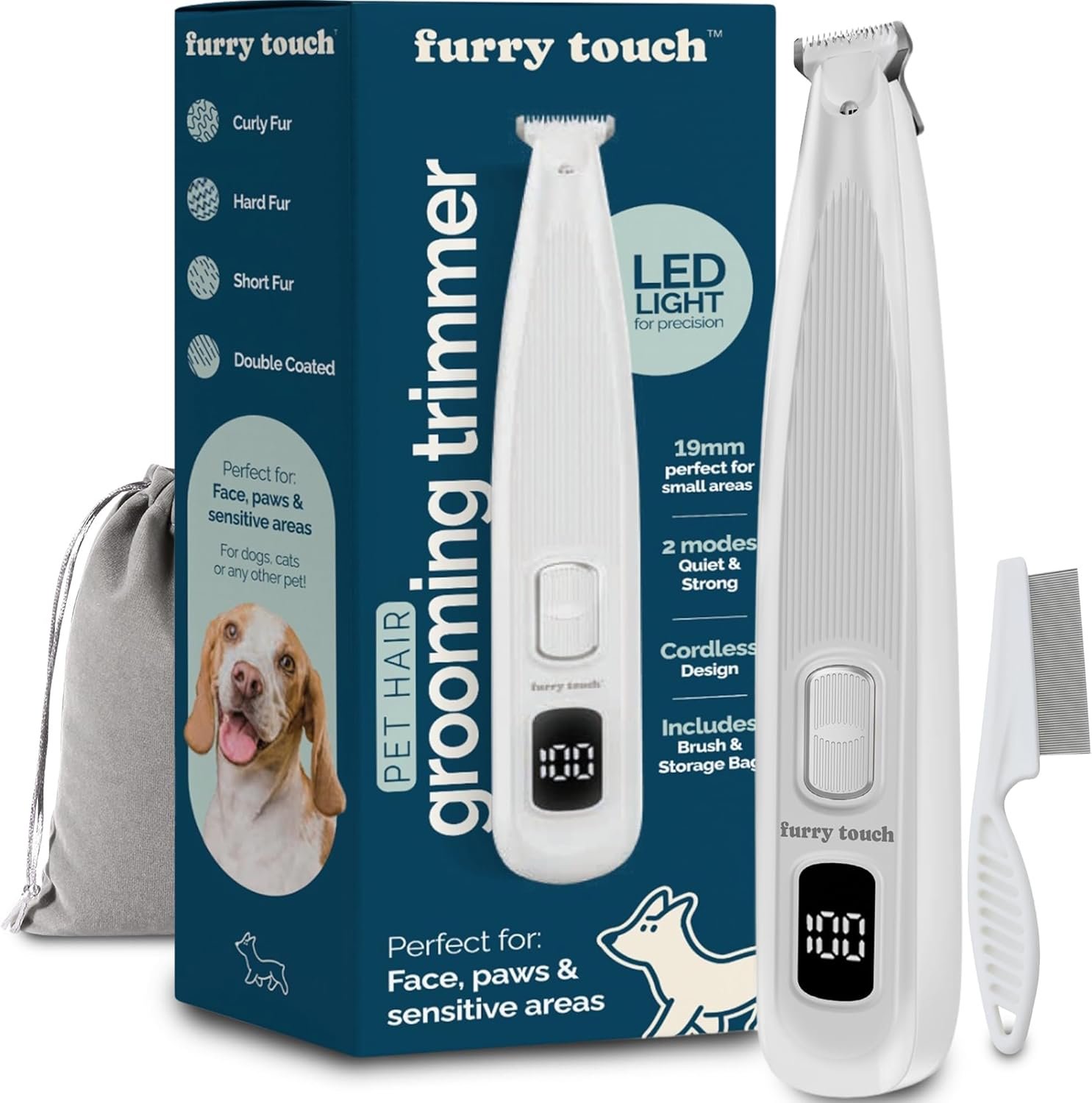 Dog Paw Trimmer – Electric Cordless Pet Clippers for Dogs & Cats – Quiet Dual-Speed Groomer with Pet-Safe Blade for Feet, Ears, Face – USB-C Rechargeable – with Travel Bag, Comb & Brush