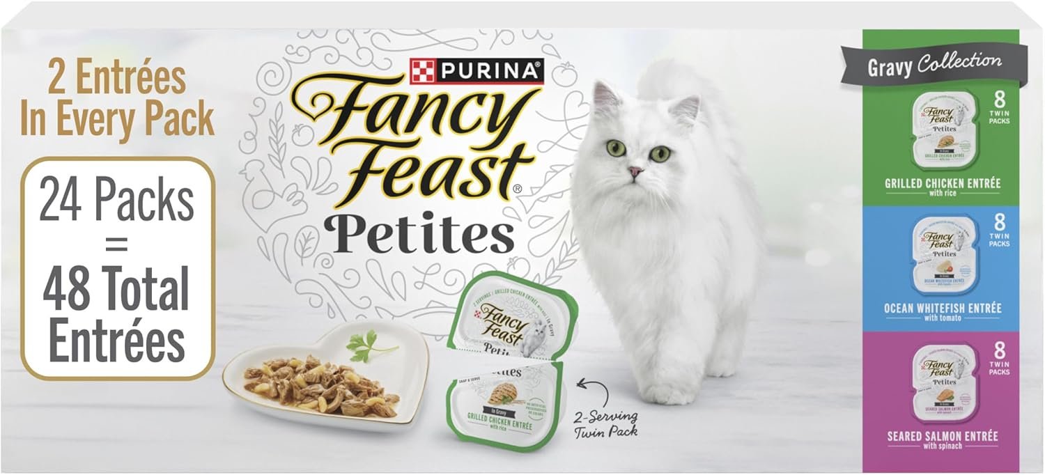 Purina Fancy Feast Gourmet Wet Cat Food Variety Pack, Petites Gravy Collection, break-apart tubs, 48 servings – (Pack of 24) 2.8 oz. Tubs