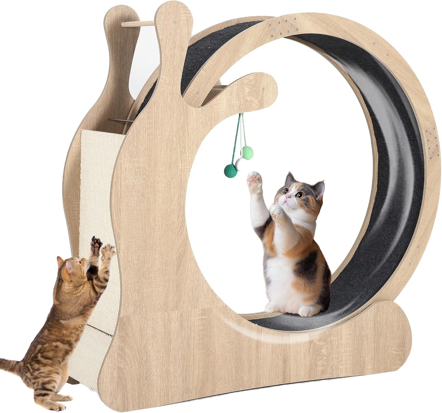 Cat Exercise Wheel,41″ Wooden Cat Treadmill with TPE Silent Rollers, Indoor Running Wheel with Interactive Toys, Sisal Scratching Pad & Storage Shelf, Safe Narrow Gap for Large Cats