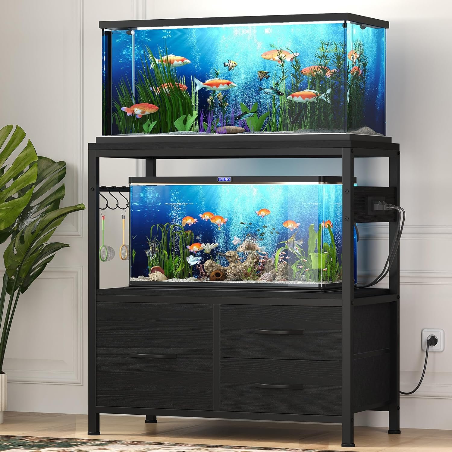Heybly 20-29 Gallon Fish Tank Stand, Aquarium Stand with Drawer, Power Outlet, Heavy Duty Metal Frame, for Fish Tank, Turtle & Reptile Terrarium, 31.5″ x 15.7″ Top, 330lbs, Black HAS001BK