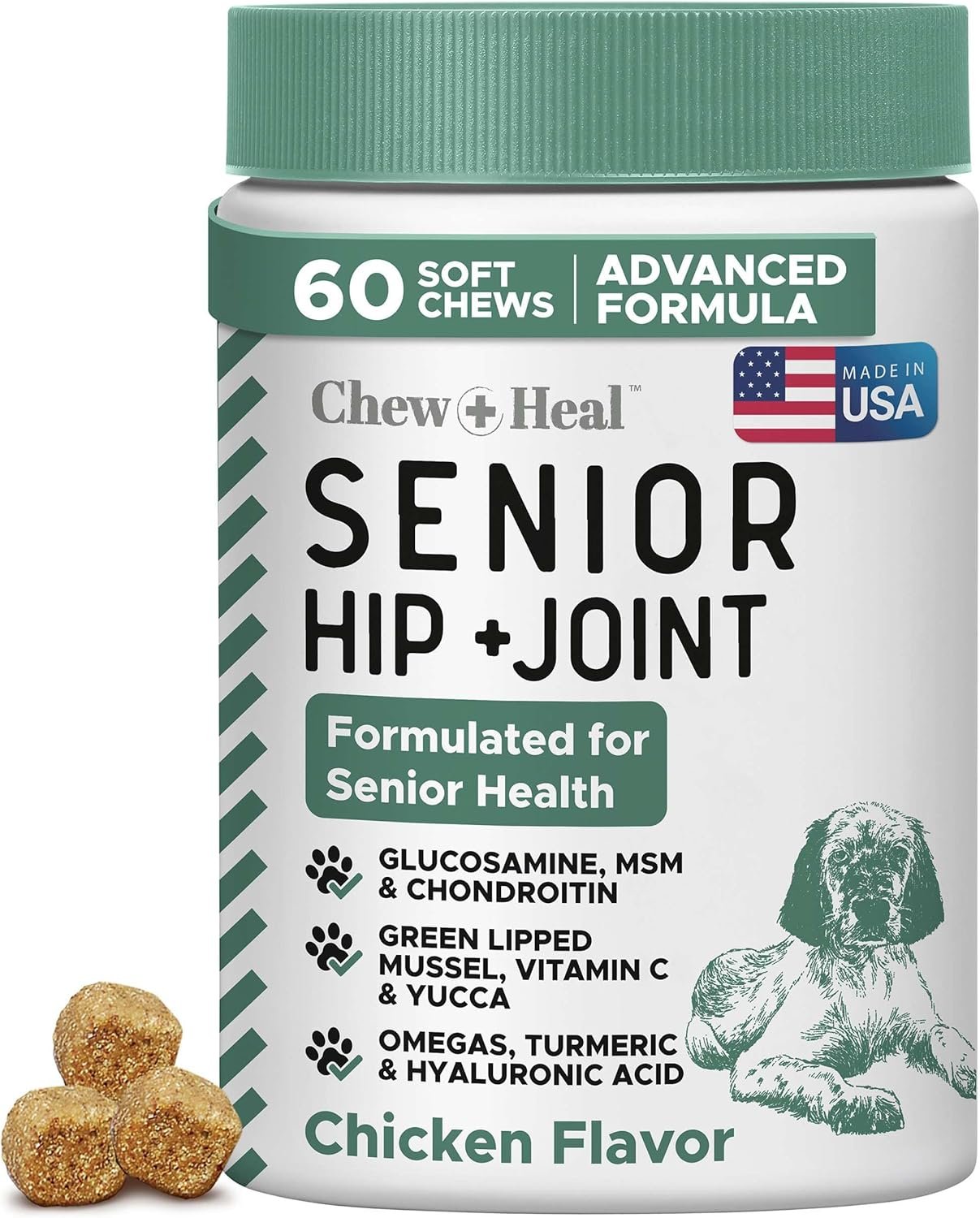Chew + Heal Labs Glucosamine for Dogs Hip and Joint Supplement – 60 Senior Dogs Mobility Soft Chews – Made with Glucosamine, MSM, Chondroitin, Green Lipped Mussels and More – Made in The USA