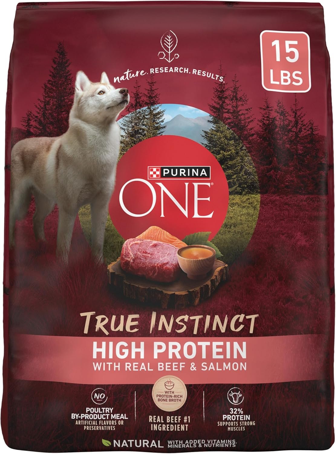 Purina ONE Natural High Protein Dry Dog Food Dry True Instinct with Real Beef and Salmon With Bone Broth and Added Vitamins, Minerals and Nutrients – 15 lb. Bag