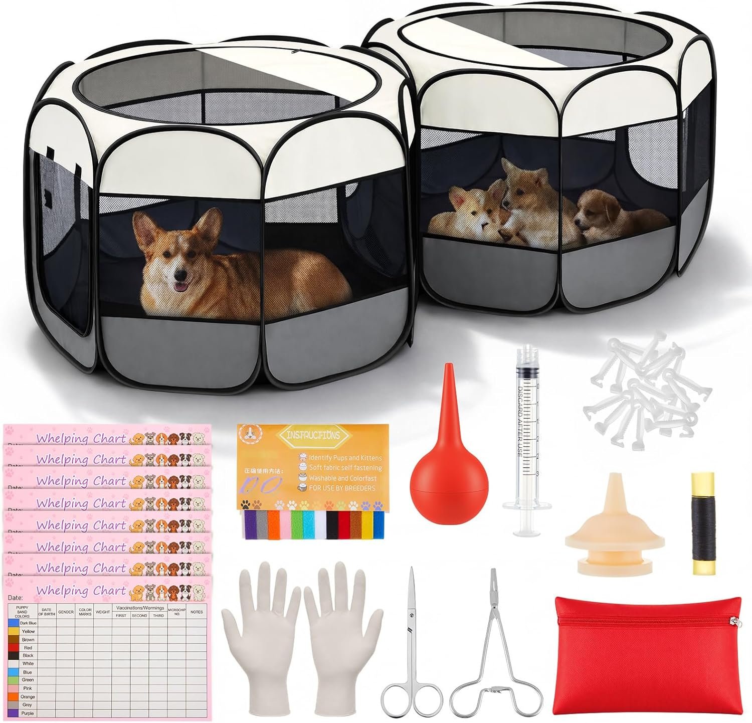 Arrowbash 2 Room Whelping Box for Dogs and Puppies, 63″x31″x24″, 2-in-1 Pop up Puppy Birthing Kit, Portable Foldable, Detachable into 2 Playpens, Small Medium Dogs, Indoor Outdoor, Quick 1-min Setup