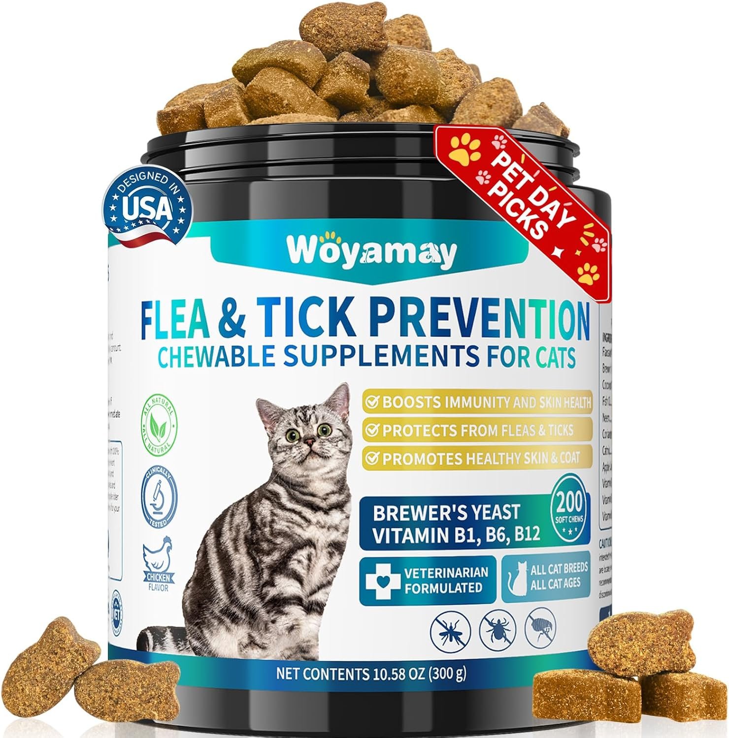 Woyamay Flea Treatment for Cats, 200 Treats Flea and Tick Prevention for Cats Chewables, Natural Cat Flea and Tick Treatment Chews Daily Oral Flea Supplement, Kitten Cat Flea Treatment, Chicken Flavor