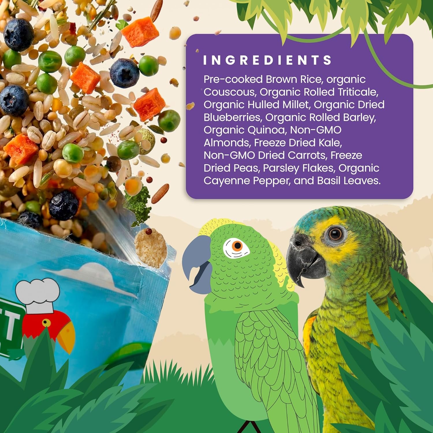 Bird Street Bistro Parrot Food – Parrot Food – Cooks in 3-15 min w/Natural Whole Grains, Legumes, Non-GMO Fruits, Vegetables & Health-Oriented Spices.
