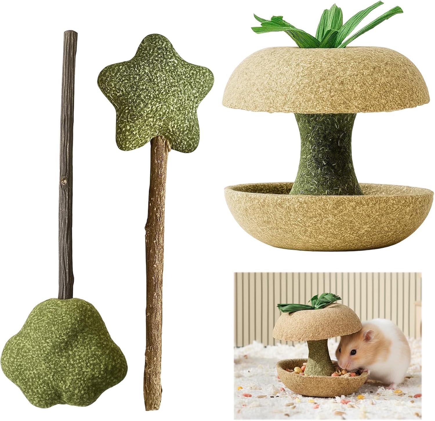 3PCS Hamster Stuff, Rabbit Chew Toys, Rat Toys, 2 Chew Sticks and 1 Apple Core, Small Animal Teeth Care, Natural Wood Material