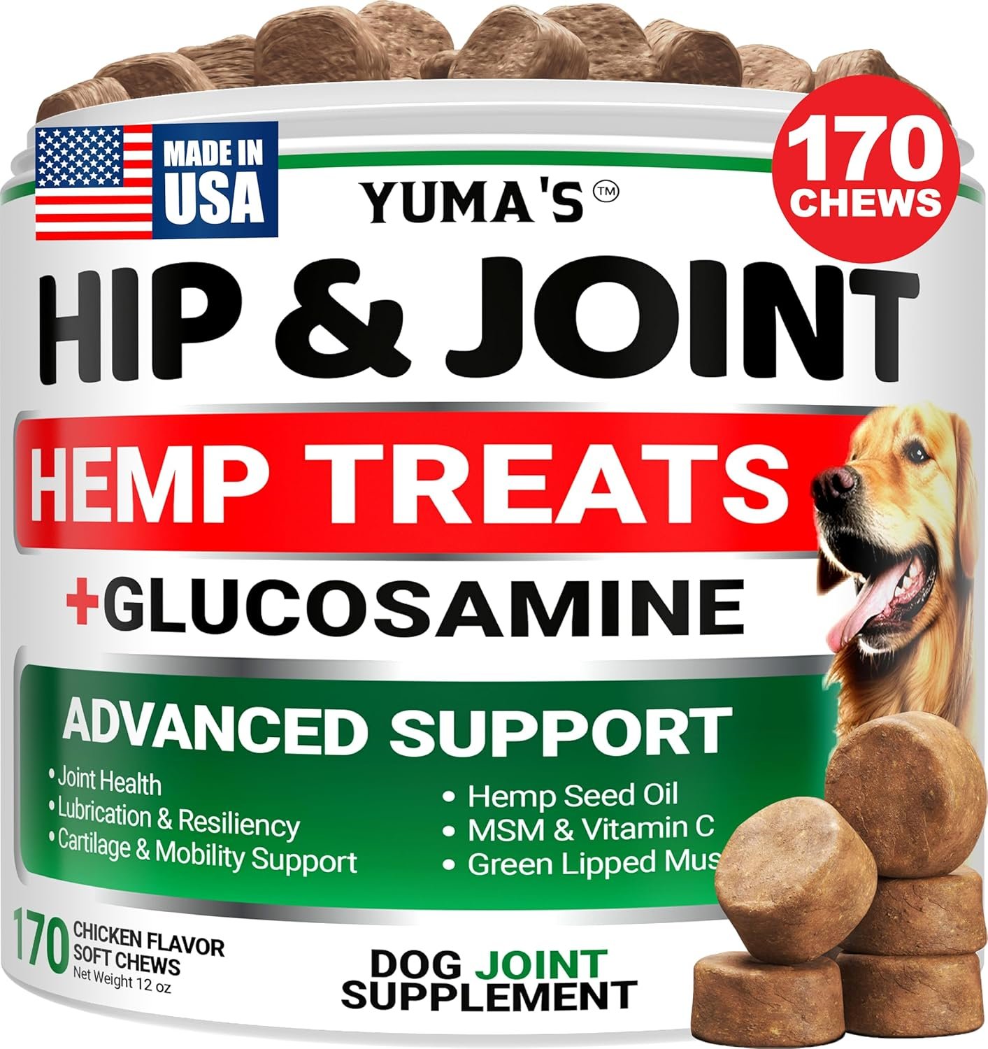YUMA’S Hemp Hip and Joint Supplement for Dogs – Glucosamine for Dogs – 170 Joint Pain Relief Chews – Chondroitin, MSM – Hemp Oil – Advanced Canine Health Supplement – Mobility Support Treats