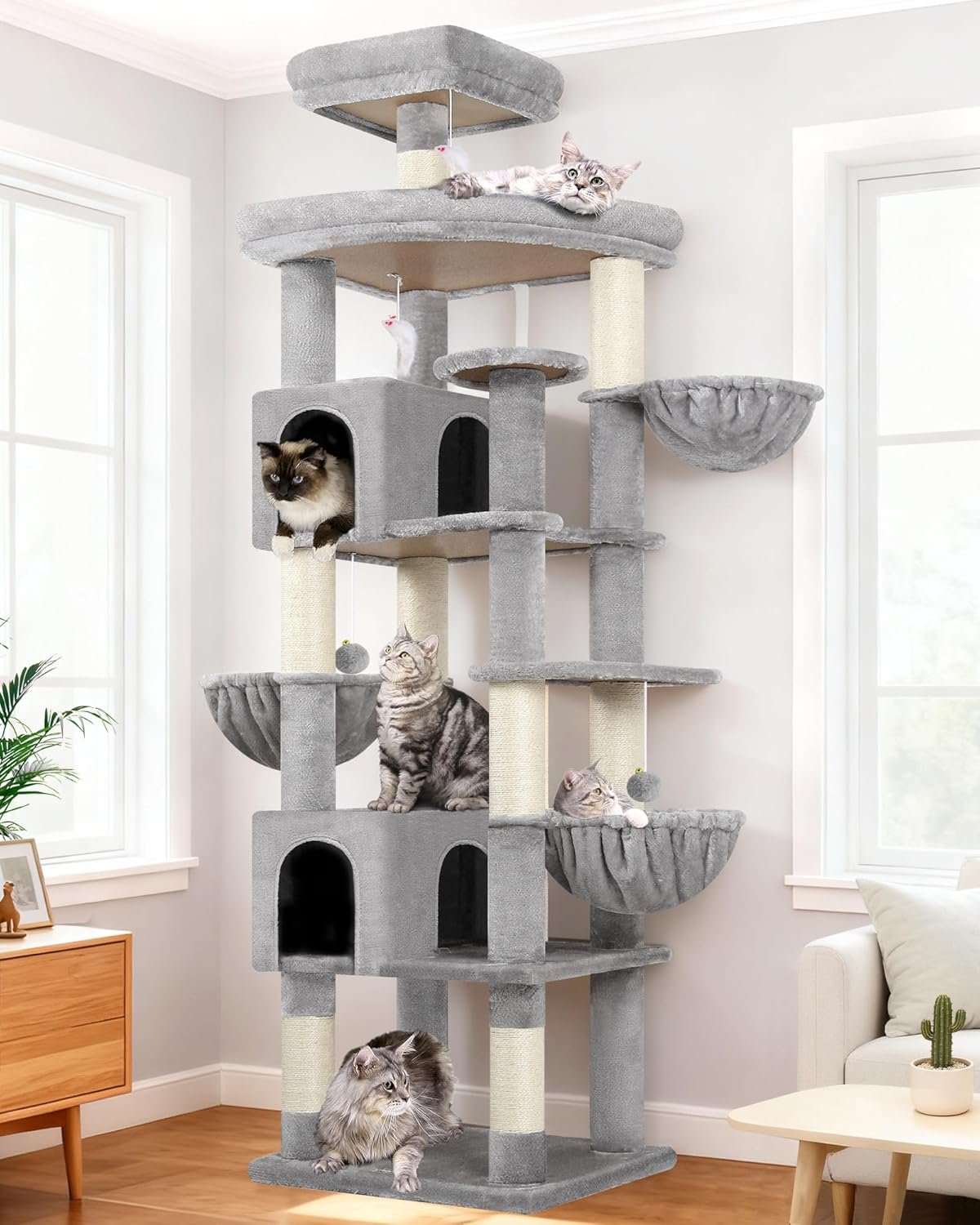 Globlazer Extra Large Cat Tree Tower, 82in Tall Heavy Duty Cat Tree for Indoor Cats Large Adult Big Cat Tower with 8 Scratching Posts, 2 Cat Condos, 2 Top Perches, 3 Hanging Baskets, S82, Light Grey