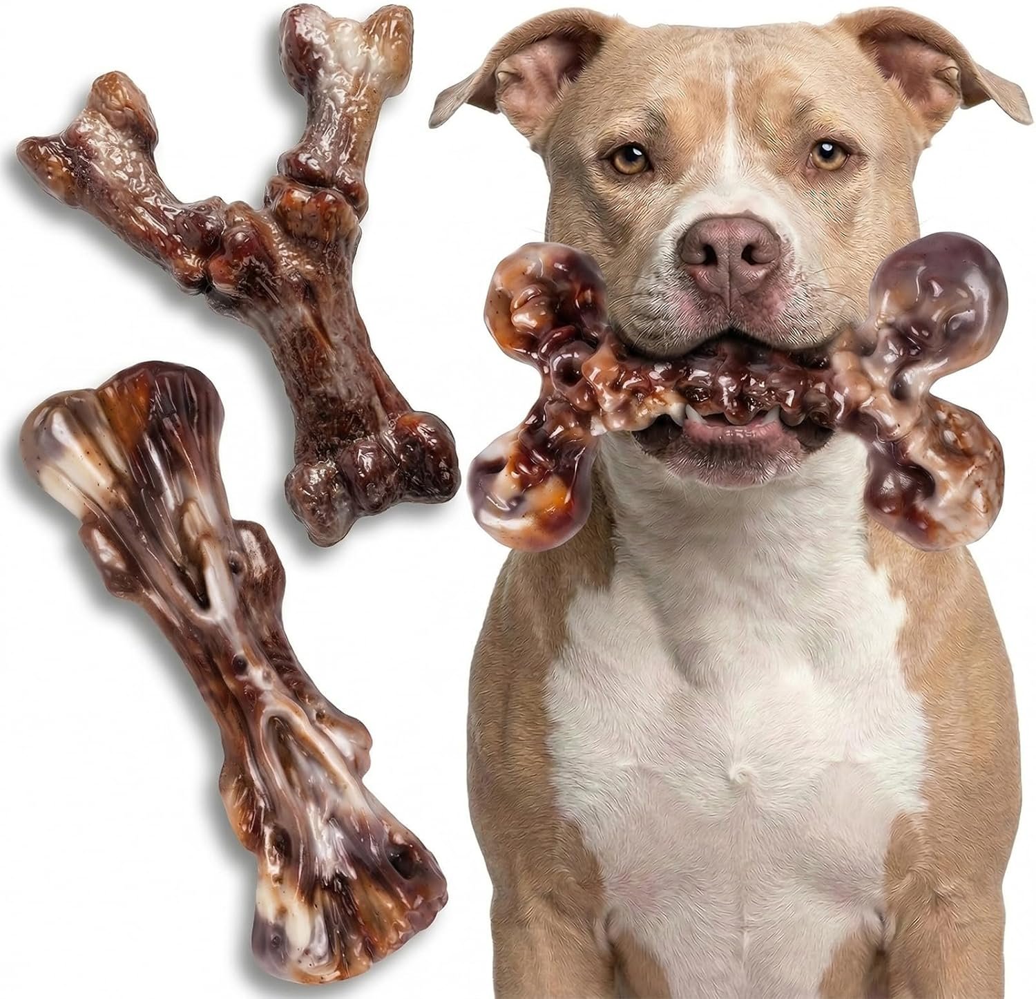 Kseroo Indestructible Dog Toys for Aggressive Chewers: 3-Pack Bacon Flavored Hard Nylon Dog Chew Toys for Medium & Large Dogs(25-90lbs), Tough Super Chewer Dog Bones Toys to Keep Them Busy, Brown