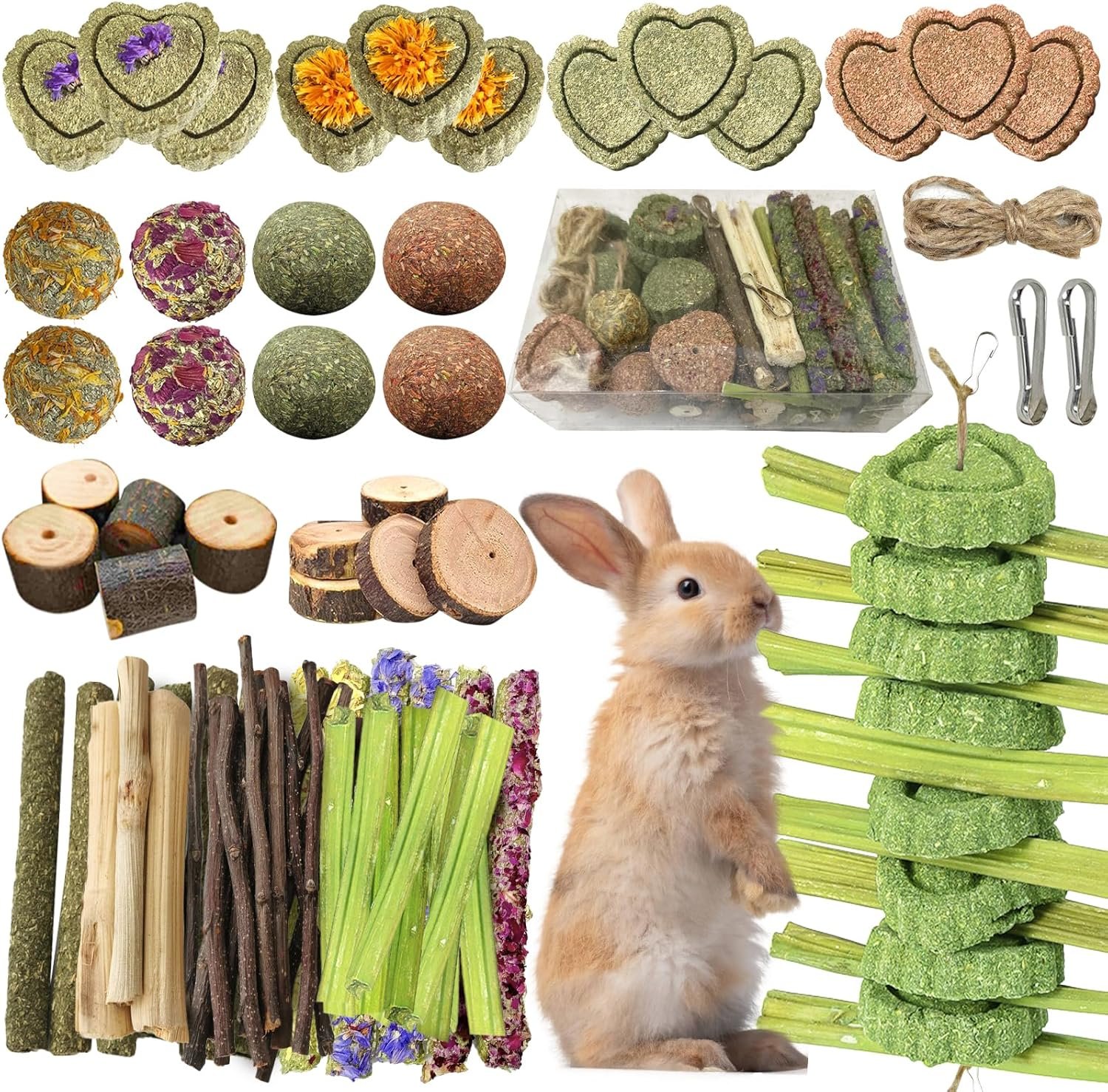 68pcs DIY Rabbit Chew Toys,Rabbit Toy for Bunnies Boredom Bunny Toys for Teeth, Timothy Stick, Apple Sticks, Sweet Bamboo, for Guinea Pig, Hamster, Chinchilla, Rat (19.04 Ounces (Pack of 1))