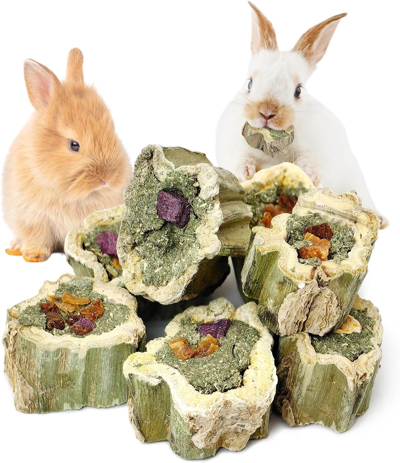 Fhiny Rabbit Chew Toys Natural Baked Papaya Wood Bunny Molar Treats Contain Alfalfa Grass Apple Carrot and Purple Sweet Potato Filling for Hamsters Guinea Pigs Chinchillas Teeth Grinding(0.22 lb)
