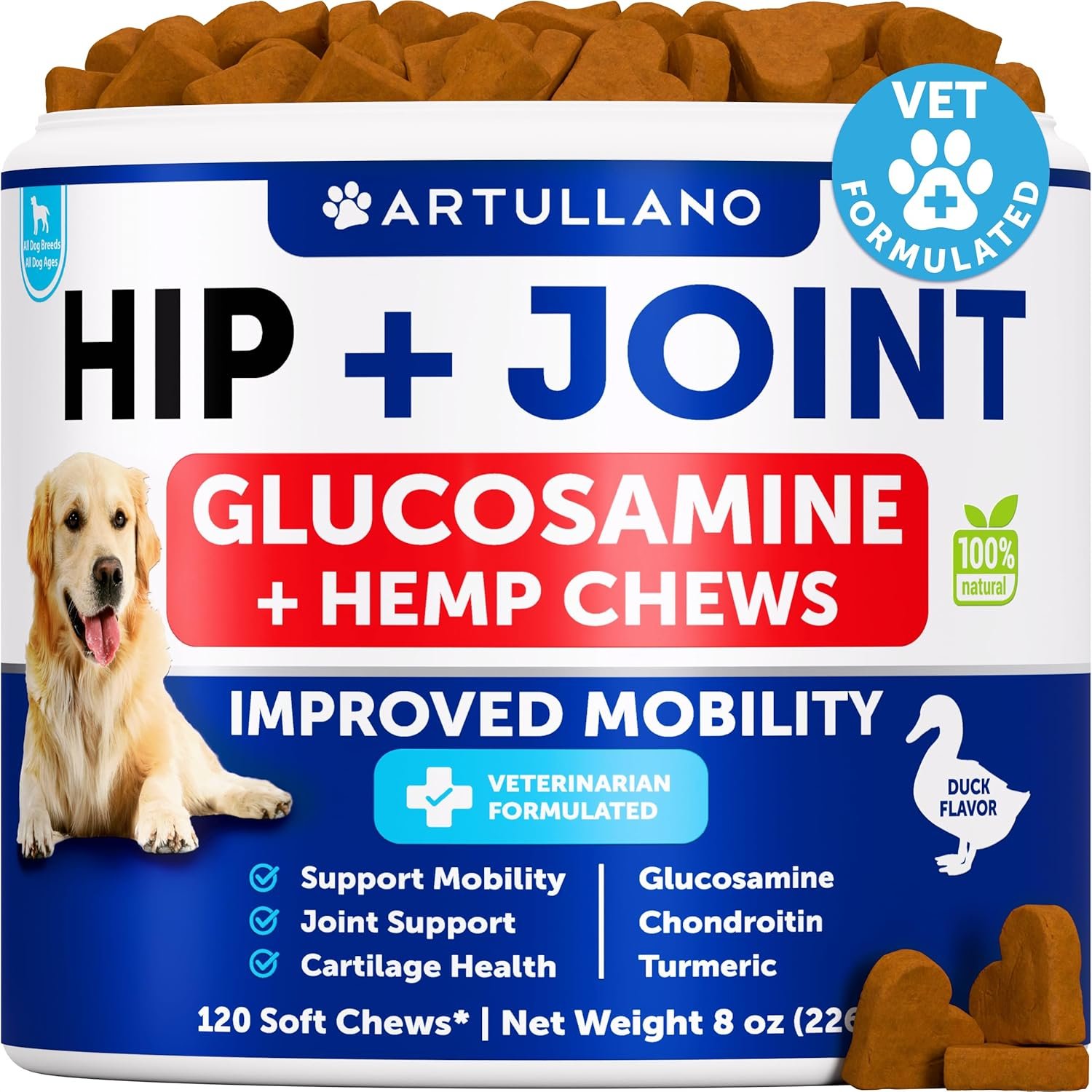 Hemp Hip and Joint Supplement for Dogs – Glucosamine for Dogs Joint Pain Relief – Chews with Chondroitin, MSM, Hemp Oil – Mobility Support, Cartilage Health – For Large, Small breeds – 120 Soft Treats