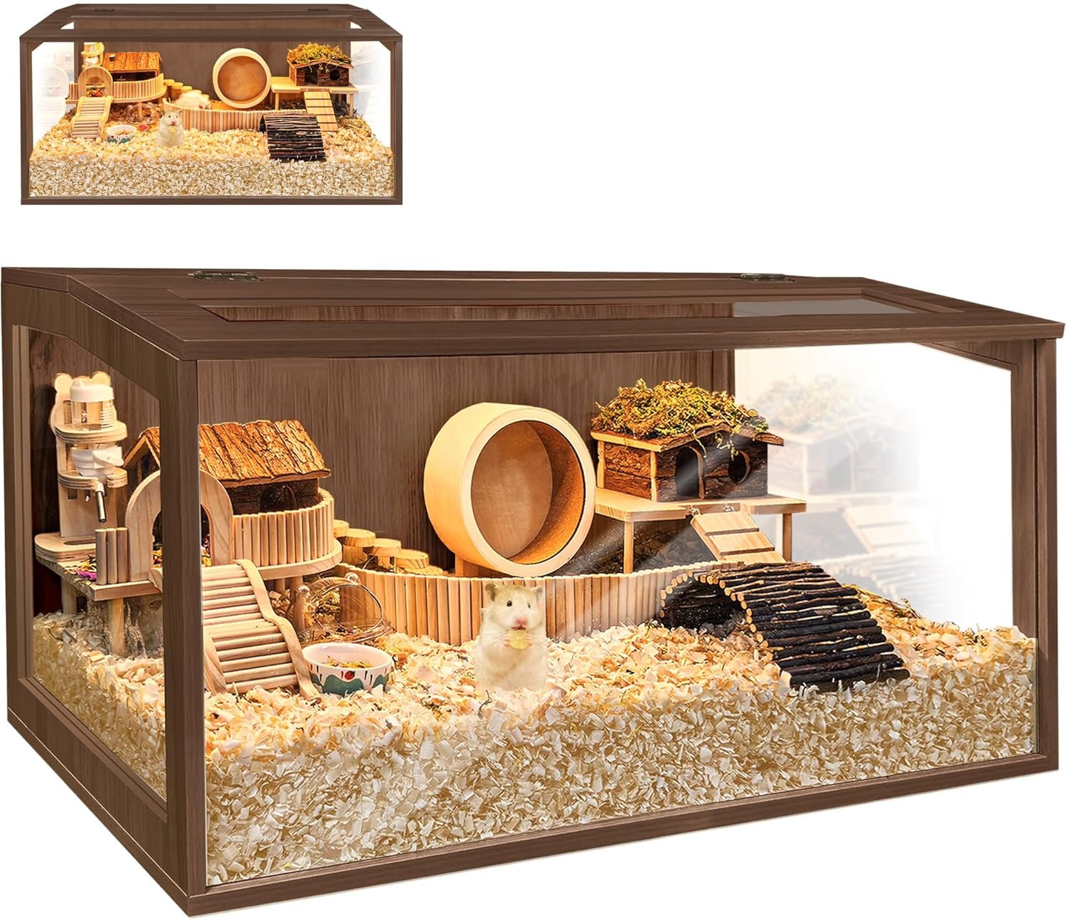 PROLEE Hamster Cage with Chewproof Wood Top, Guinea Pig Cages, Hamster Habitat with Clear Acrylic Sheets Solid Built, Small Animal Cage (Walnut, 40X19.5X19.5 inch)
