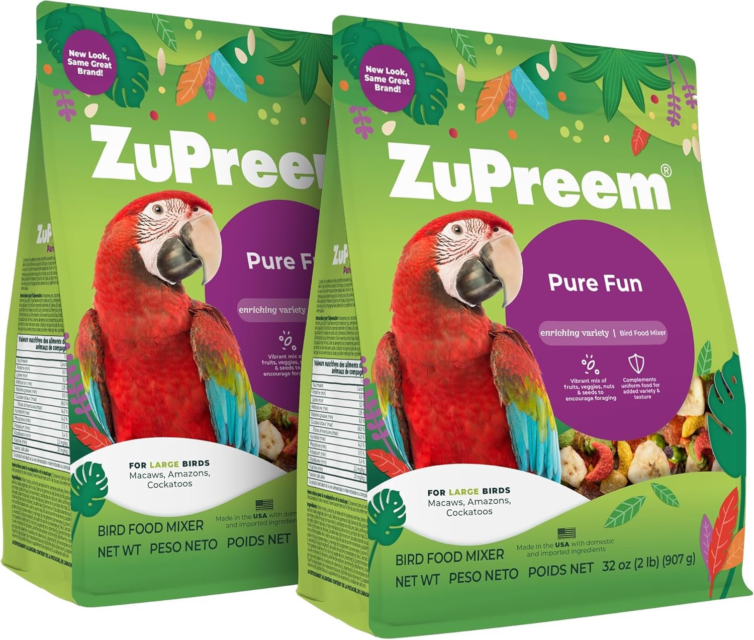 ZuPreem Pure Fun Large Parrot Food Mix – Enrichment Bird Food with Fruit, Vegetables, Nuts & FruitBlend Pellets for Amazons, Macaws & Cockatoos, 2 lb Bags (2 Pack)