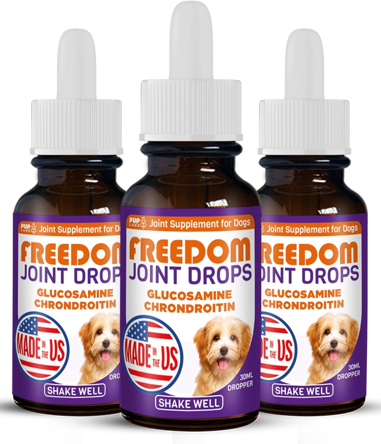 Pup Labs Freedom Joint Drops – Dog Joint Support Supplement with Human-Grade Ingredients – No Fillers, Preservatives, Additives, or Artificial Ingredients, 3 30 ml Droppers