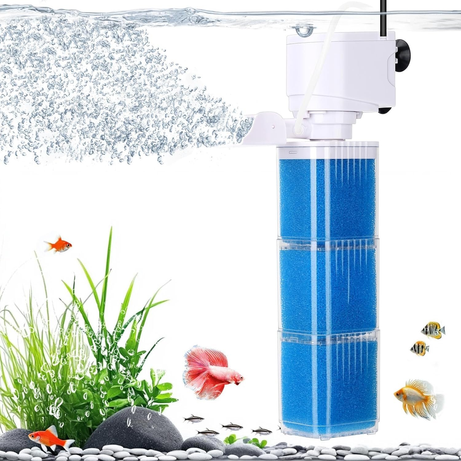 4-IN-1 Aquarium Power Filter – Mutil Stage Filtration, Adjustable Oxygenation/Wavemaker, Whisper-Quiet Submersible Fish Tank Filter & Water Circulation System for 20-100 Gal Fresh/Salt Tank