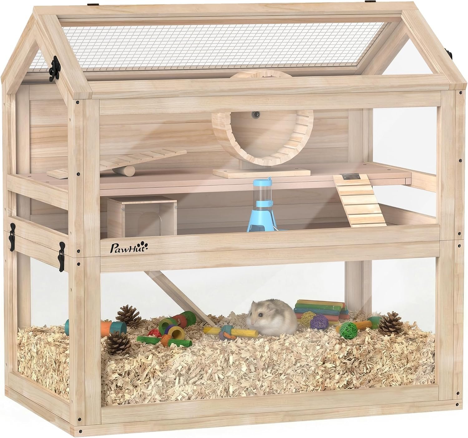 PawHut Wooden Hamster Cage, 3-Tier Small Animal Cage with Hut, Seesaw, Ramps, Exercise Wheel, Acrylic Panel and Bottom Tray, Dwarf Hamster Habitat for Small Geibil, Mice, 30″ x 18″ x 30″