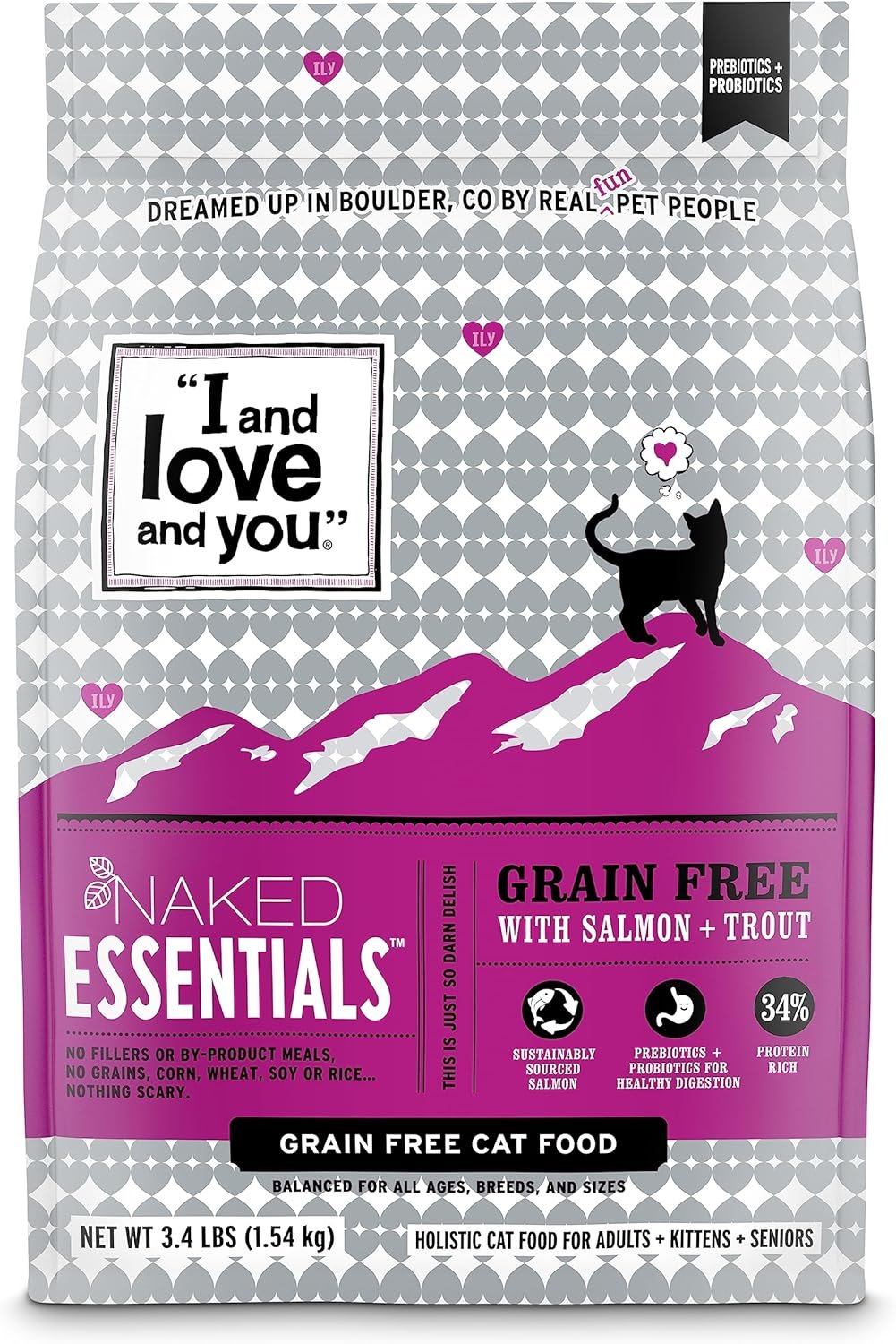 I and love and you Naked Essentials Dry Cat Food – Salmon + Trout – Grain Free, Real Meat, No Fillers, Prebiotics + Probiotics, 3.4lb Bag