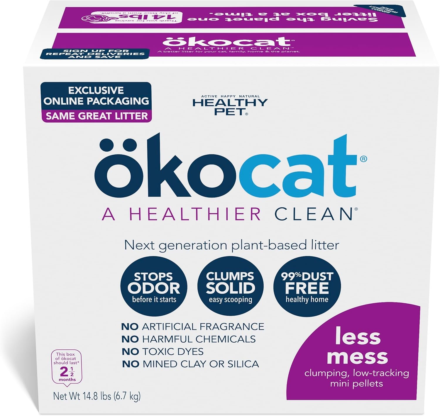 ökocat Less Mess Low Tracking Wood Clumping Cat Litter Mini- Pellets, Unscented, 14.8 pounds – Natural Ingredients, Stops Odor, Clumps Solid, 99% Dust Free, Great for Long-Hair Breeds, All Cats
