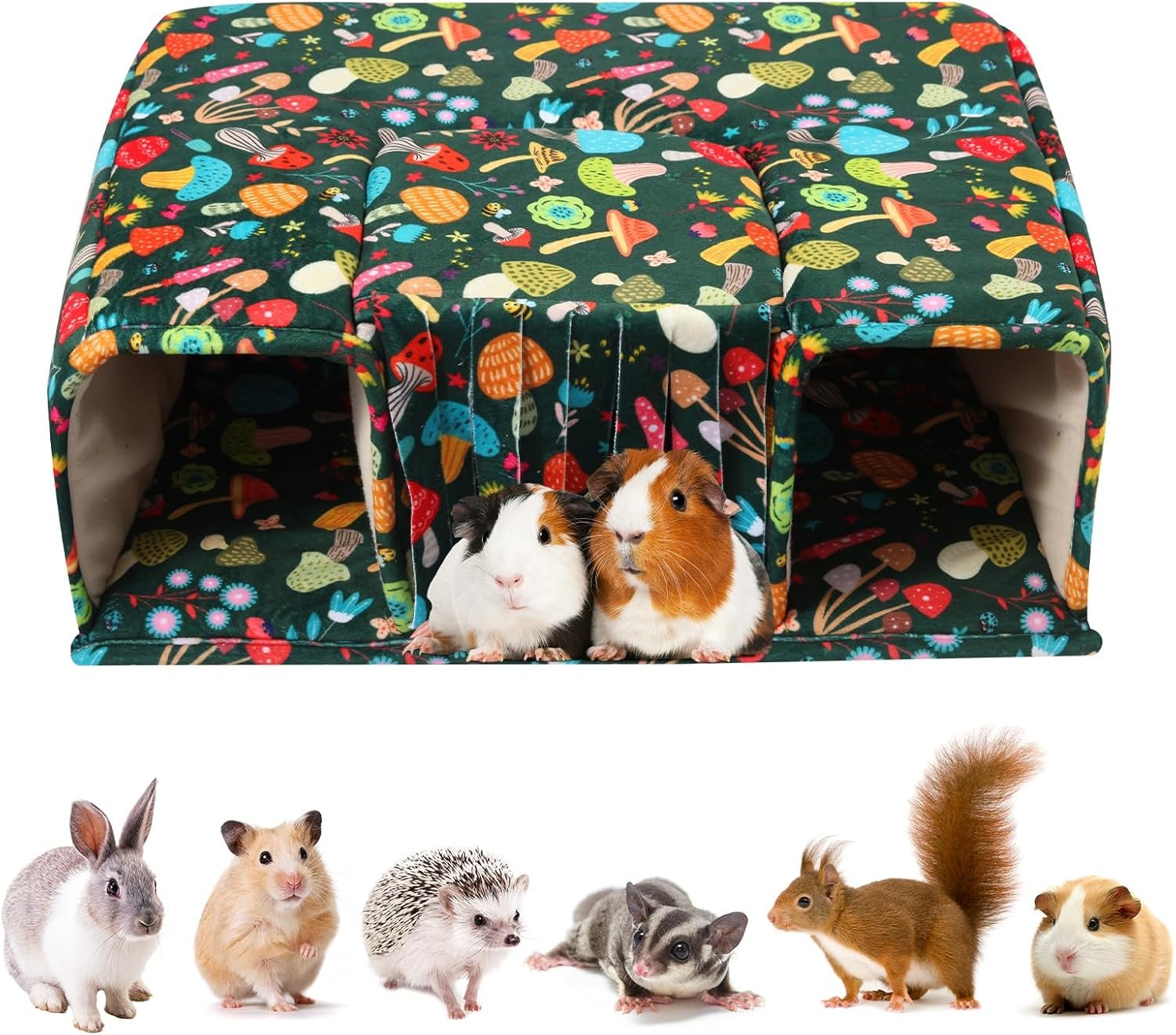 Guinea Pig Hideout with Tunnels, Toys & Cozy House – Soft Large Bed for Small Pets – Blackish Green Mushroom