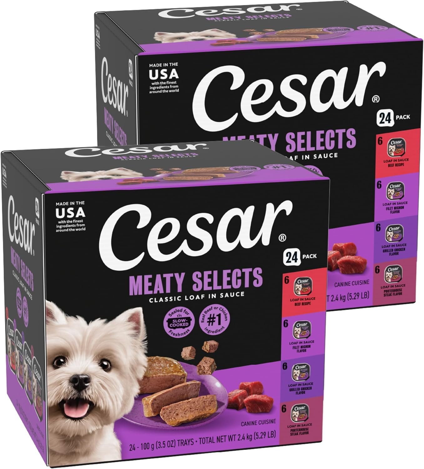 Cesar Wet Dog Food Classic Loaf in Sauce, Breakfast and Dinner with Grilled Steak & Eggs Flavor, and Chicken & Liver Flavor, 3.5 oz. Easy Peel Trays, Variety Pack, 24 Count