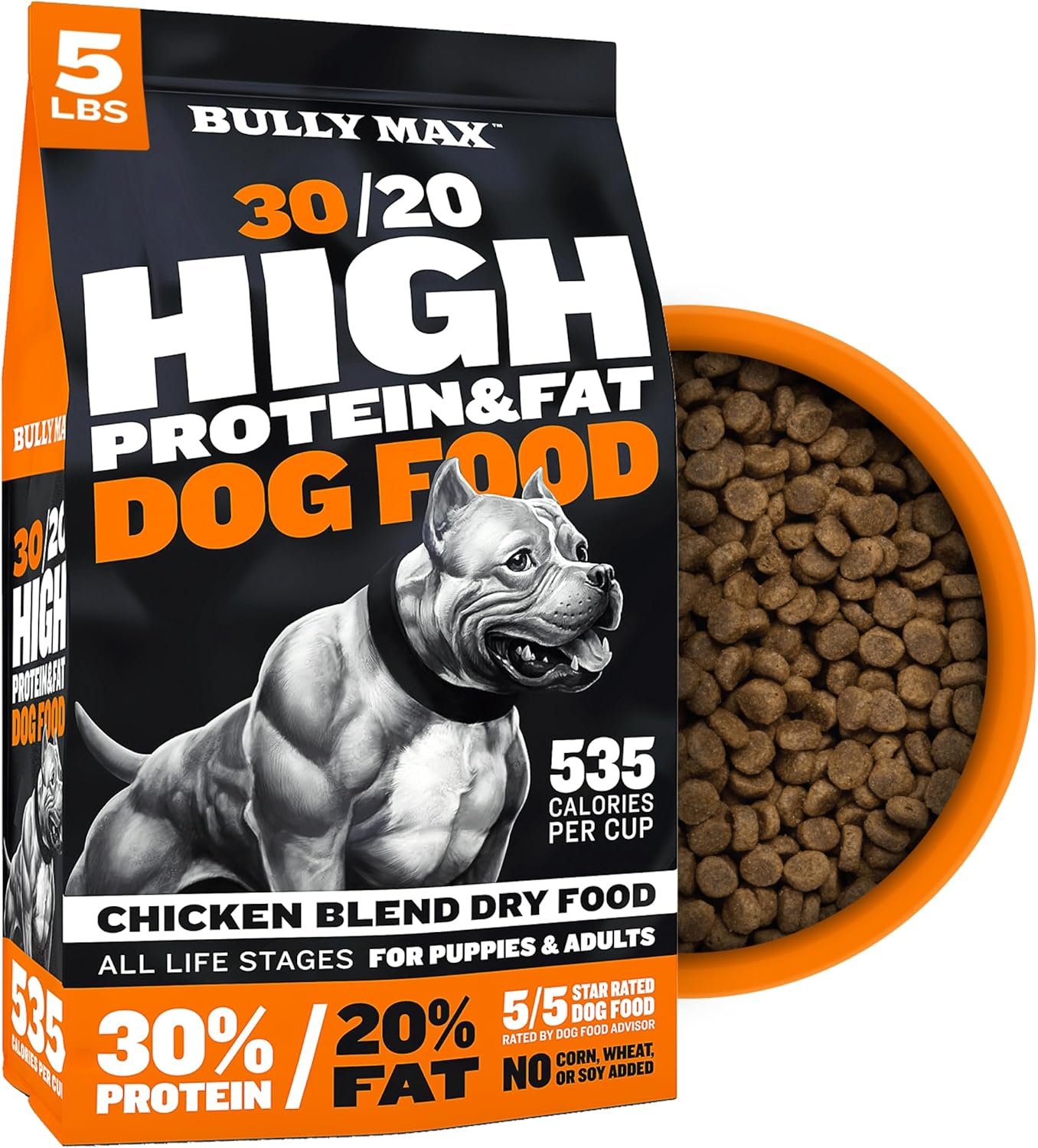 Bully Max Dry Dog Food for Adults & Puppies – High Protein & Fat for Muscle & Weight Gain – High Performance Dog Food Supplements – Small & Large Breed Dogs (535 Calories Per Cup), Chicken, 5lb Bag