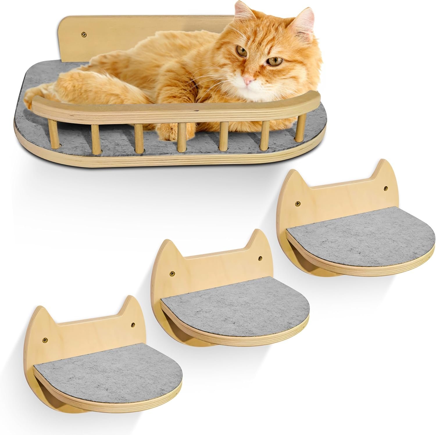 Cat Wall Shelves – 3 Steps Climbing Furniture & Perch for Indoor Cats up to 30lbs, Wooden Floating Shelf with Non-Slip Pad Bed, Modern Corner & Wall Mounted for Playing and Lounging – Natural