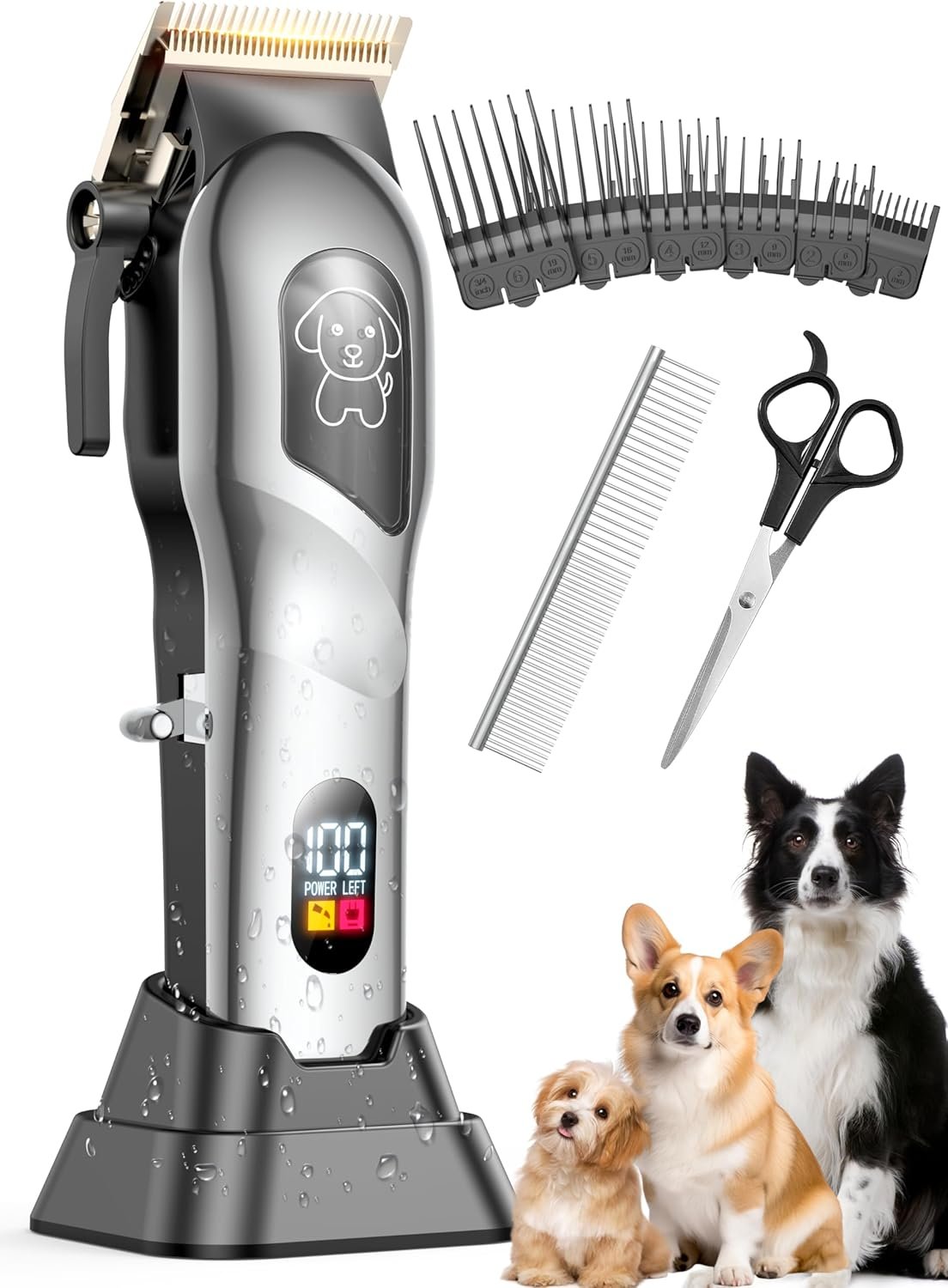 Dog Clippers for Grooming, Dog Grooming Kit for Heavy Thick Hair, Low Noise Cordless Pet Hair Trimmer with Stainless Steel Blade, Professional Rechargeable Hair Trimmer for Dogs and Cats M-Silver