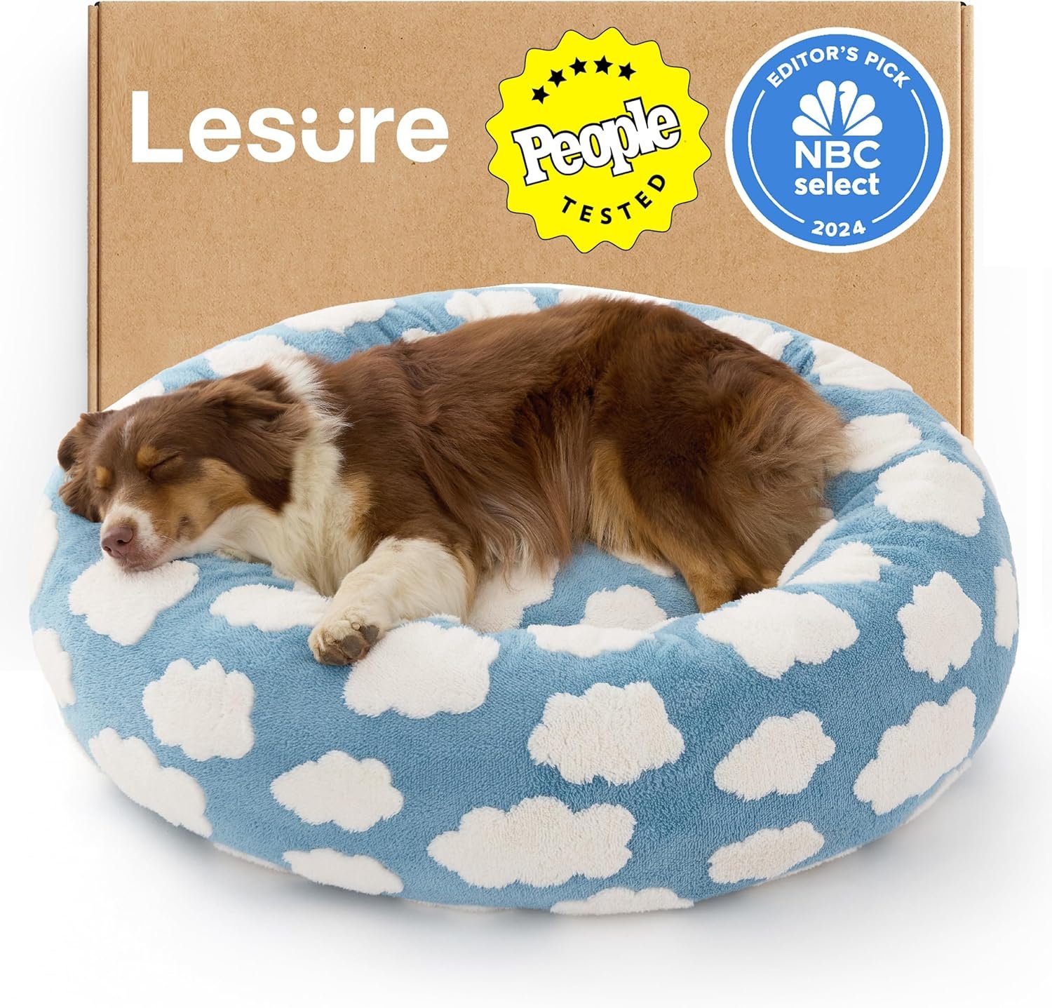 Lesure Shown on TV Donut Dog Beds Large Size Dog – XL Calming Round Sofa as Present for Pets with Washable Cover, Orthopedic Home Decor Bed with Jacquard Shaggy Plush & Anti Slip Bottom, 36 Inch，Blue
