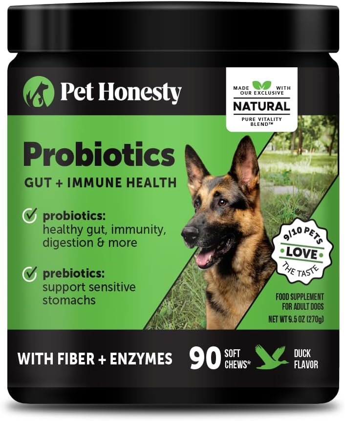 6 Billion CFU Dog Probiotics with Prebiotics, Digestive Enzymes, & Fiber – Relief for Occasional Diarrhea, Gas, Bloating & Itchy Skin – Daily Gut Health & Immune Support for All Dogs (Duck, 90 Ct)