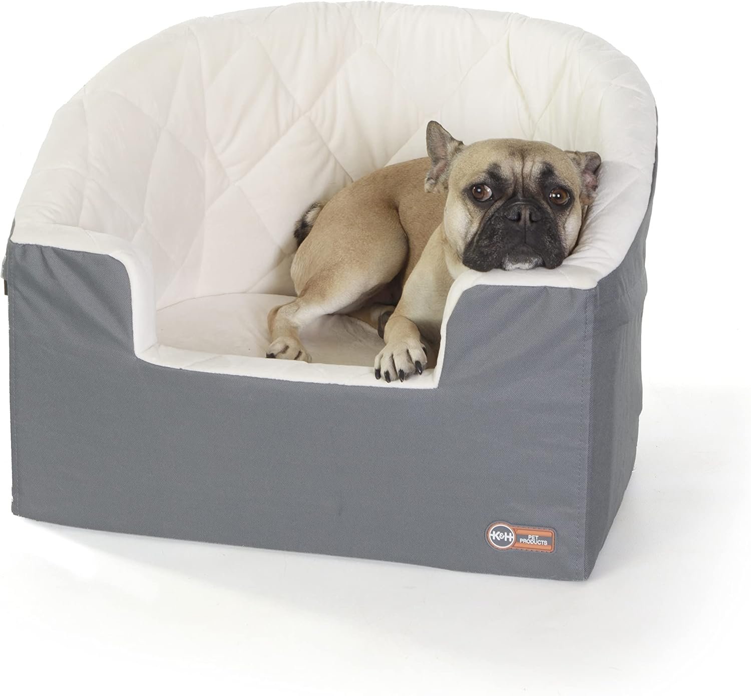 K&H Pet Products Bucket Booster Dog Car Seat, Seat Belt Secured, 2 Safety Leashes, Washable Covers, Sturdy Dog & Cat Booster Seat, Carriers for Small to Medium Pets – Large Gray/Cream