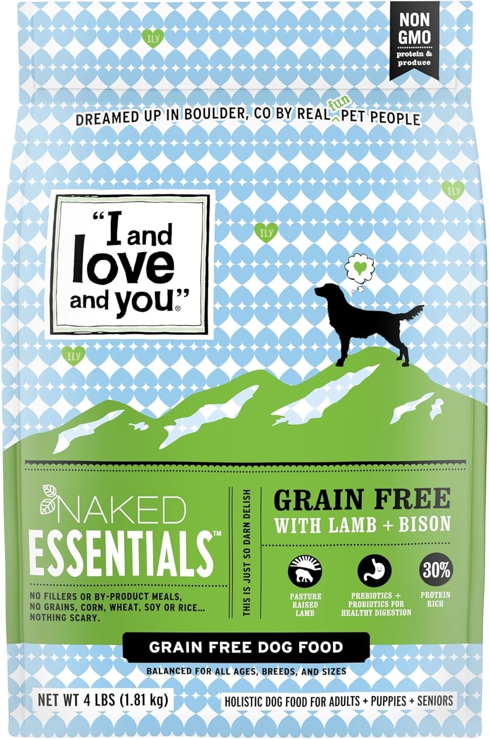 I and love and you Naked Essentials Dry Dog Food – Lamb + Bison – High Protein, Real Meat, No Fillers, Prebiotics + Probiotics, 4lb Bag