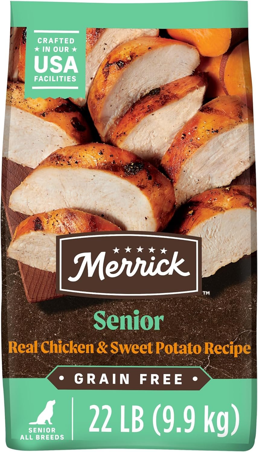 Merrick Premium Grain Free Dry Senior Dog Food, Wholesome and Natural Kibble, Real Chicken and Sweet Potato – 22.0 lb. Bag