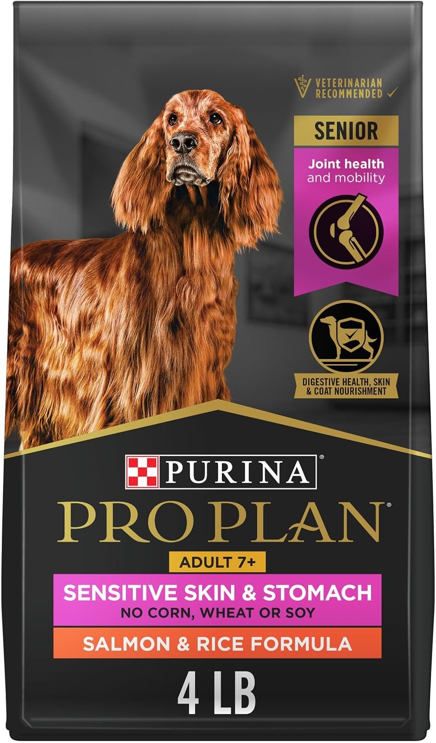 Purina Pro Plan Sensitive Skin and Stomach Dry Dog Food Senior Adult 7 Plus Salmon and Rice Formula – 4 lb. Bag | Adult 7+ Senior dog food, Salmon & Rice, high protein, easily digestible, Omega-3 fatty acid for joint health and mobility