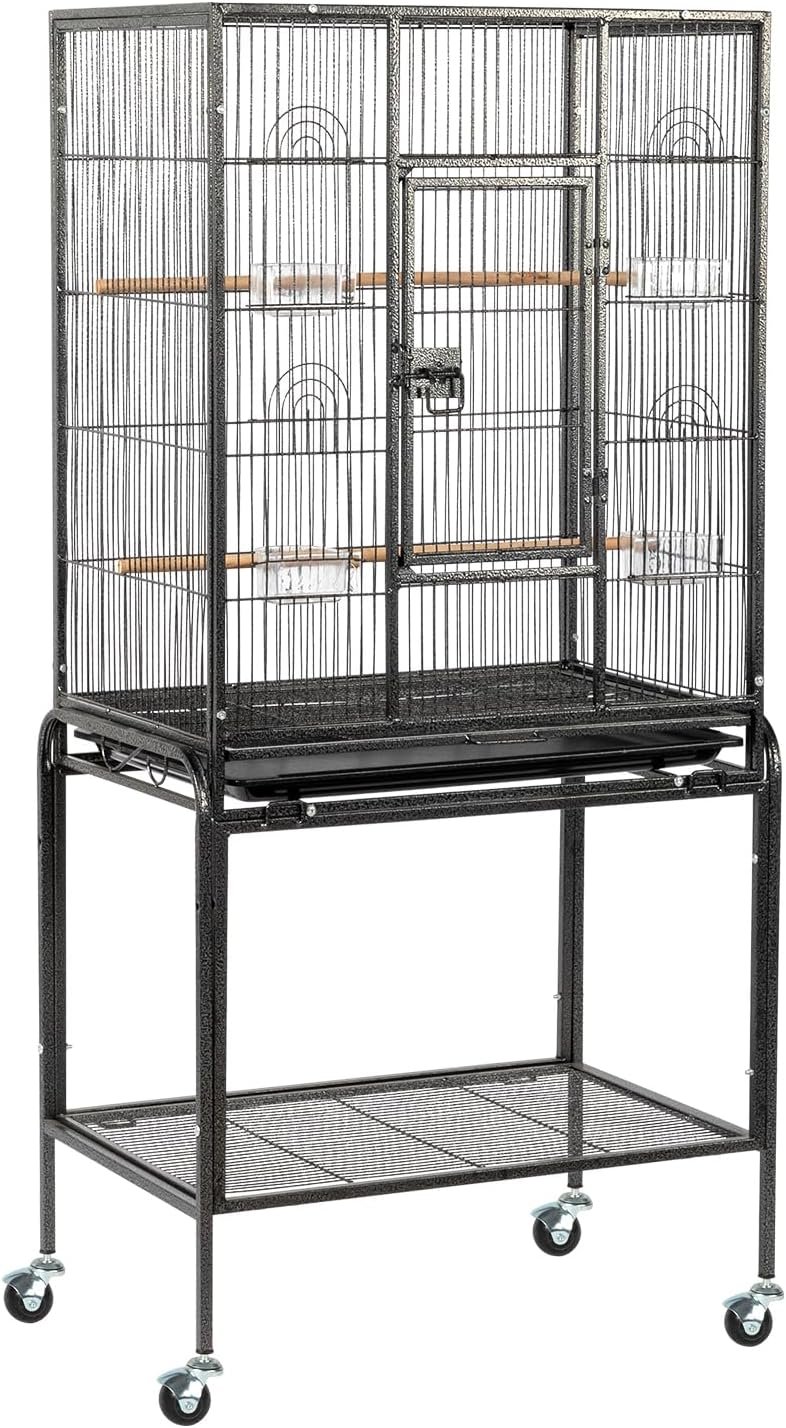 53 Inch Wrought Iron Large Bird Cage,53″ Large Flight Bird Cage with Rolling Stand & Storage Shelf for Parrots Lovebird Cockatiel Parakeets, Black