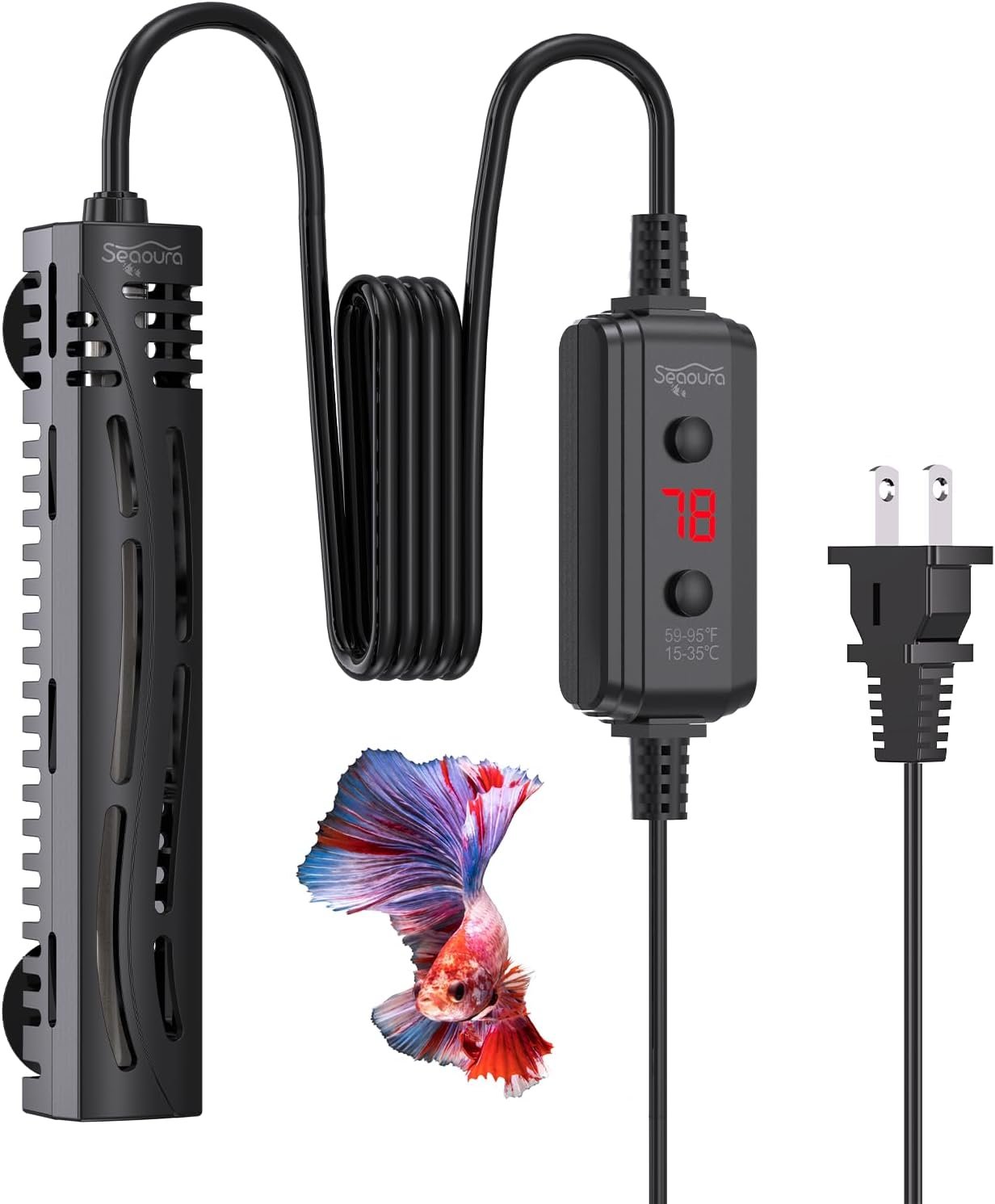 SEAOURA Small Aquarium Heater, 25W Fish Turtle Betta Tank Heater, 1-6 Gal | 4.7 Inch Mini Submersible Heater, Adjustable Temp, External Controller, LED Digital Display, Freshwater and Saltwater
