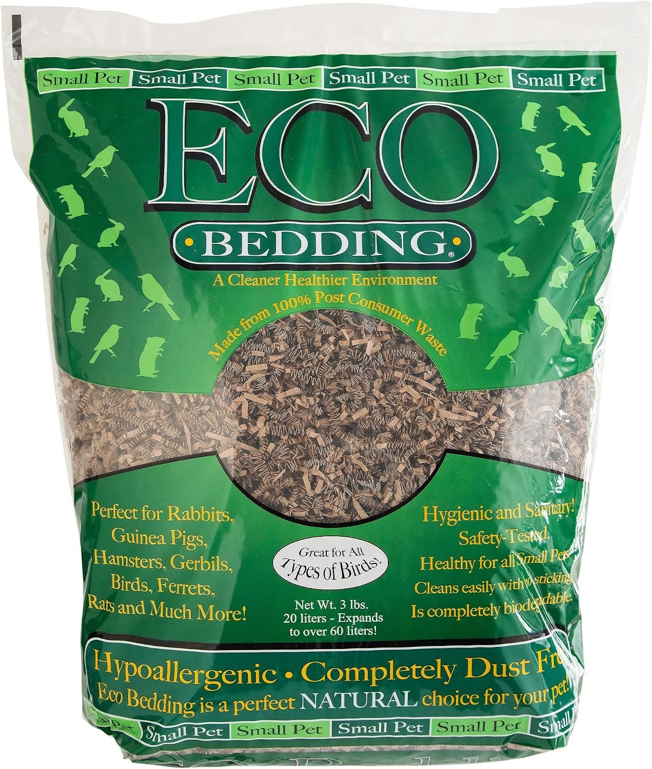 ECO BEDDING 99% Dust Free Paper Bedding for Small Pets and Birds, Eco Natural, 3 lb (Expands to 60 L)