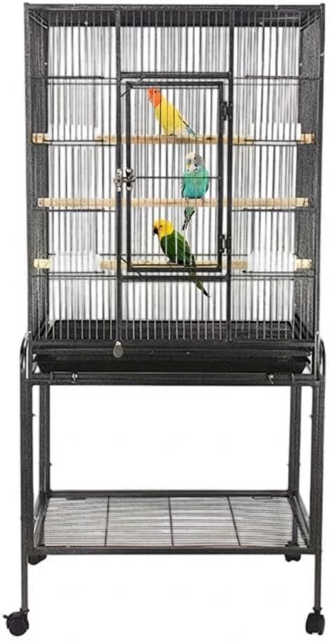 Big Bird Cage 53″ Iron Flight Cage with Stand & Wheels, Large Wrought Iron Bird Cage with Slide-Out Tray for Parakeets, Parrots, Pigeons, Black