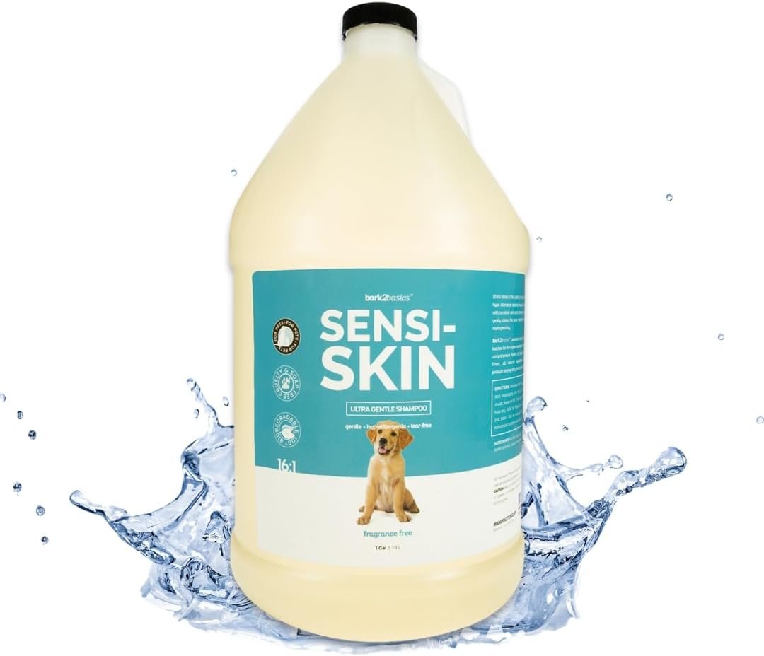 Bark2Basics Sensi-Skin Hypoallergenic Dog Shampoo, 1 Gallon, All Natural Ingredients, Sensitive Skin Pet Shampoo, Gentle, No Fragrance, Non-Irritating, For Dogs with Allergies and Dry, Itchy Skin | 16:1 Concentrate Makes 16 Gallons, Fragrance Free, Tear Free, Gentle Pet Wash for Cats and Puppies, Dry Itchy Skin, Natural