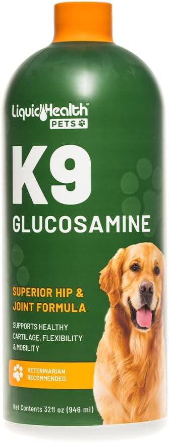 LIQUIDHEALTH Pets K9 Liquid Glucosamine for Dogs, Puppies, Senior Canines with Chondroitin, MSM, Hyaluronic Acid – Dog Vitamins for Hip & Joint Health, Dog Joint Oil, Joint Juice – Made in USA (32 oz)