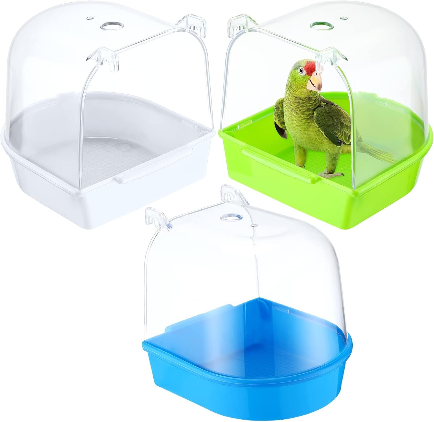 Honeydak 3 Pcs Bird Bath for Cage Parakeet Bath Hanging Box, Classic Colors | Hanging Bath Box with View Design for Cockatiel Conure Canary Budgies, Easy Install Cage Accessory, Clear Dome Bathing Tub