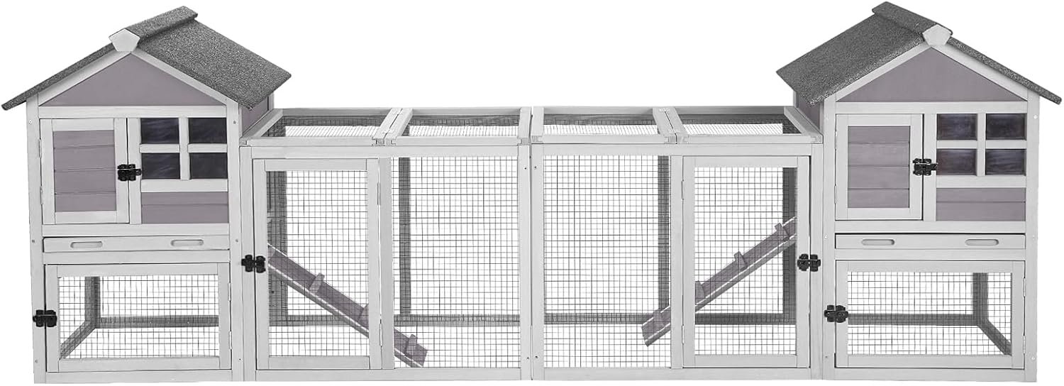 Aivituvin 103.2″ L Rabbit Hutch Indoor Outdoor Bunny Cage with Run,Guinea Pig House Pull Out Upper Tray (103.2″ L x 25.2″ W x 36.2″ H, Grey-2 Sets)