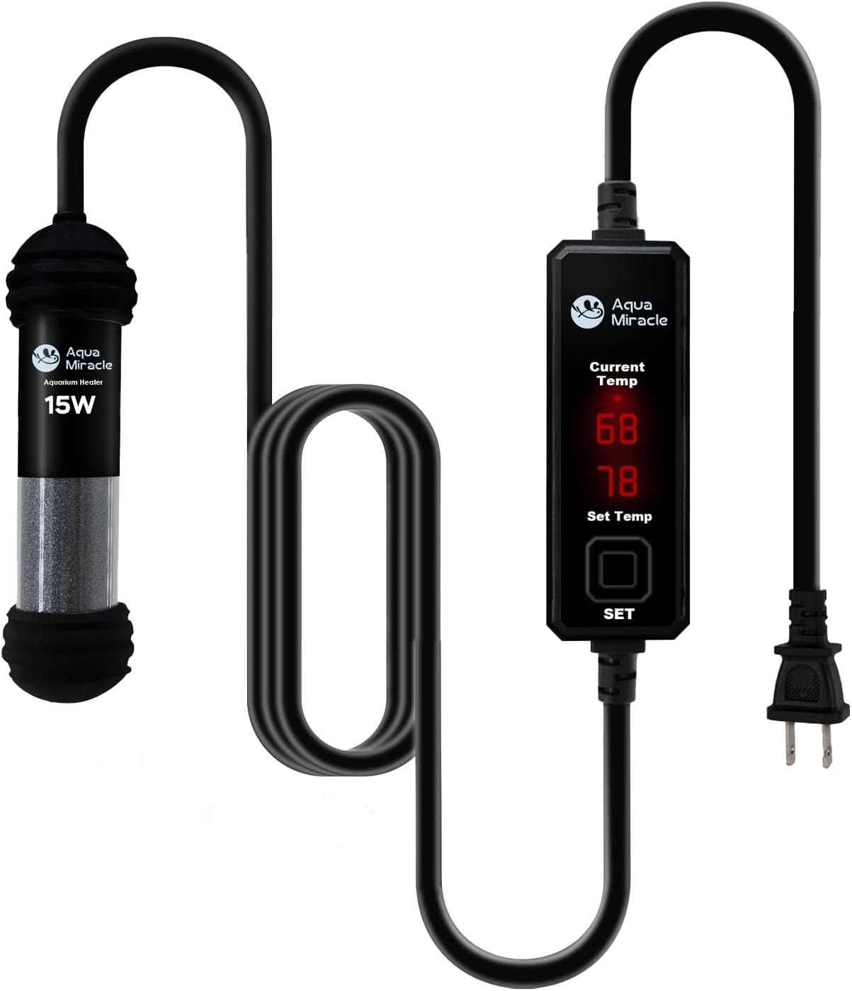 AquaMiracle Upgraded 15W Small Aquarium Heater Fish Tank Heater Turtle Heater Super Mini Aquarium Heater, Dry-Run/Overheating Protection and Memory Function, Dual LED Display, for 1-3 Gal Tanks