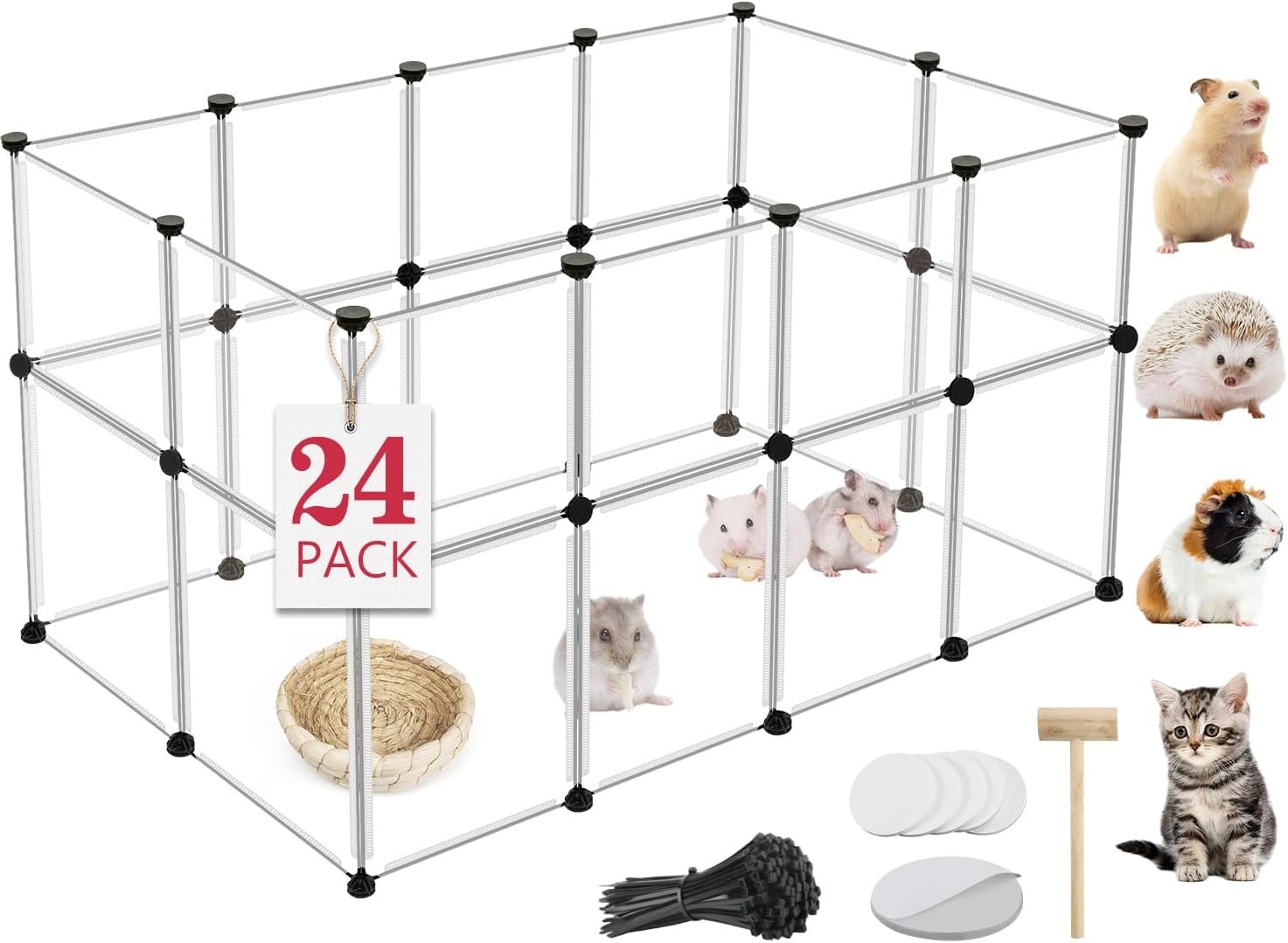 VISCOO 24 Panels Small Animals Playpen,48″x24″x28″ Transparent Pet Playpen | Portable Puppy Play Pen for Indoors Outdoor Pet Fence for Guinea Pigs,Bunny,Ferrets,Hamsters,Hedgehogs/Plastic Enclosure