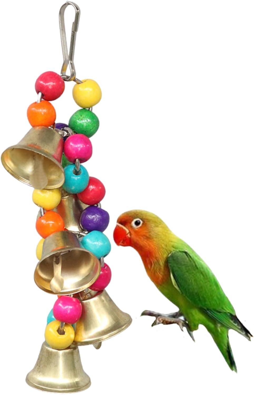 Bird Chewing Toy with Bells Colorful Wood Beads with Bells Toy for Lovebirds Budiges Conures Cockatiels Parakeet Cage Hanging Perch Toys Random Color