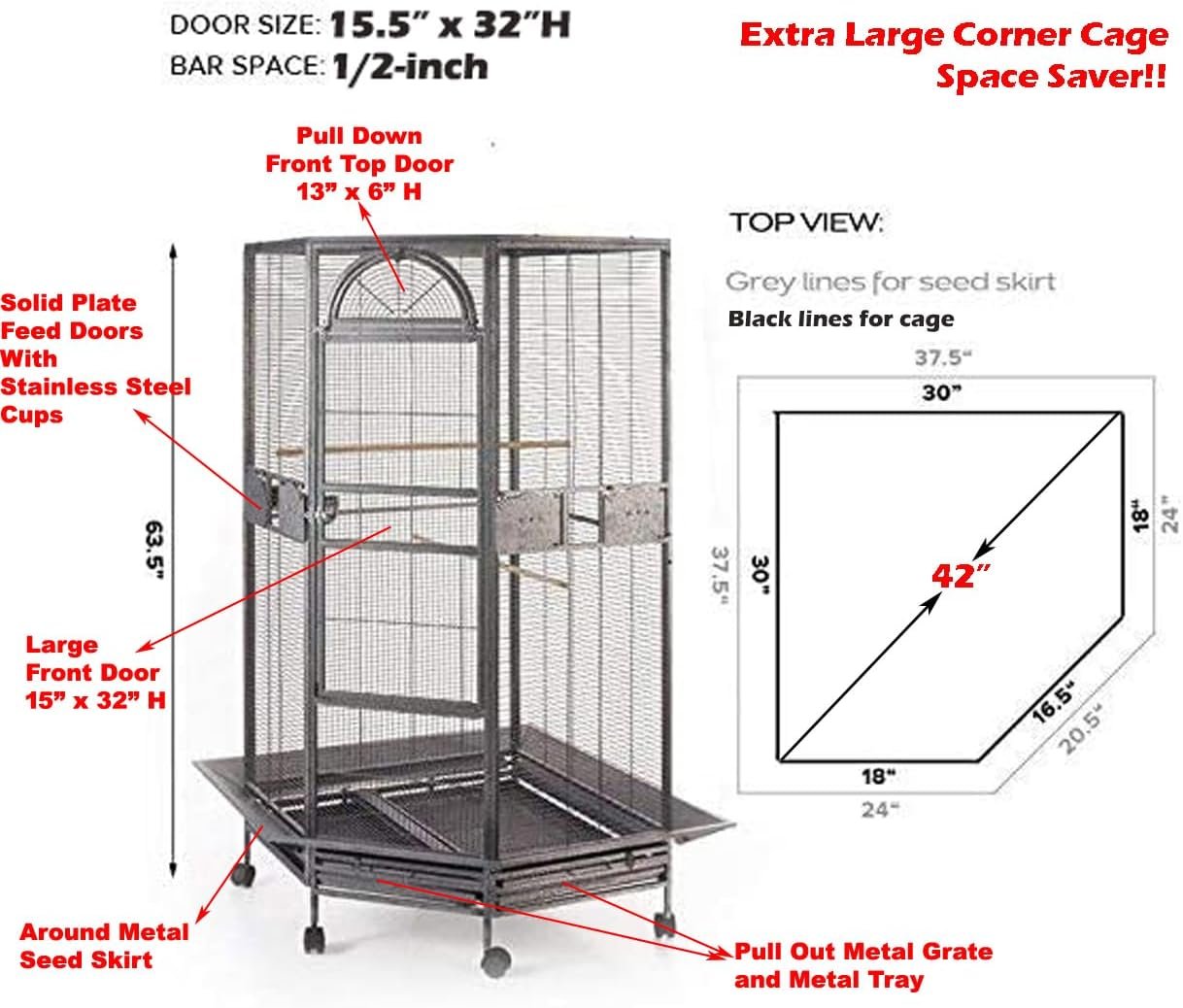 64″ Extra Large Corner Flight Bird Parrot Cage for Cockatiel Parakeet Budgies Parrot with Around Metal Seed Skirts, Tight 1/2-Inch Bar Spacing (BlackVein)