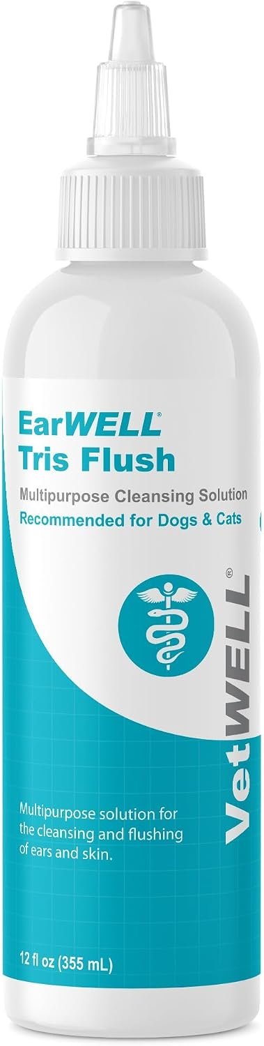 VetWELL EarWELL Tris Flush Dog Ear Cleaner Solution 12oz | Otic Cleanser Drops to Help Eliminate Odor and Relieve Skin Irritations, 12oz